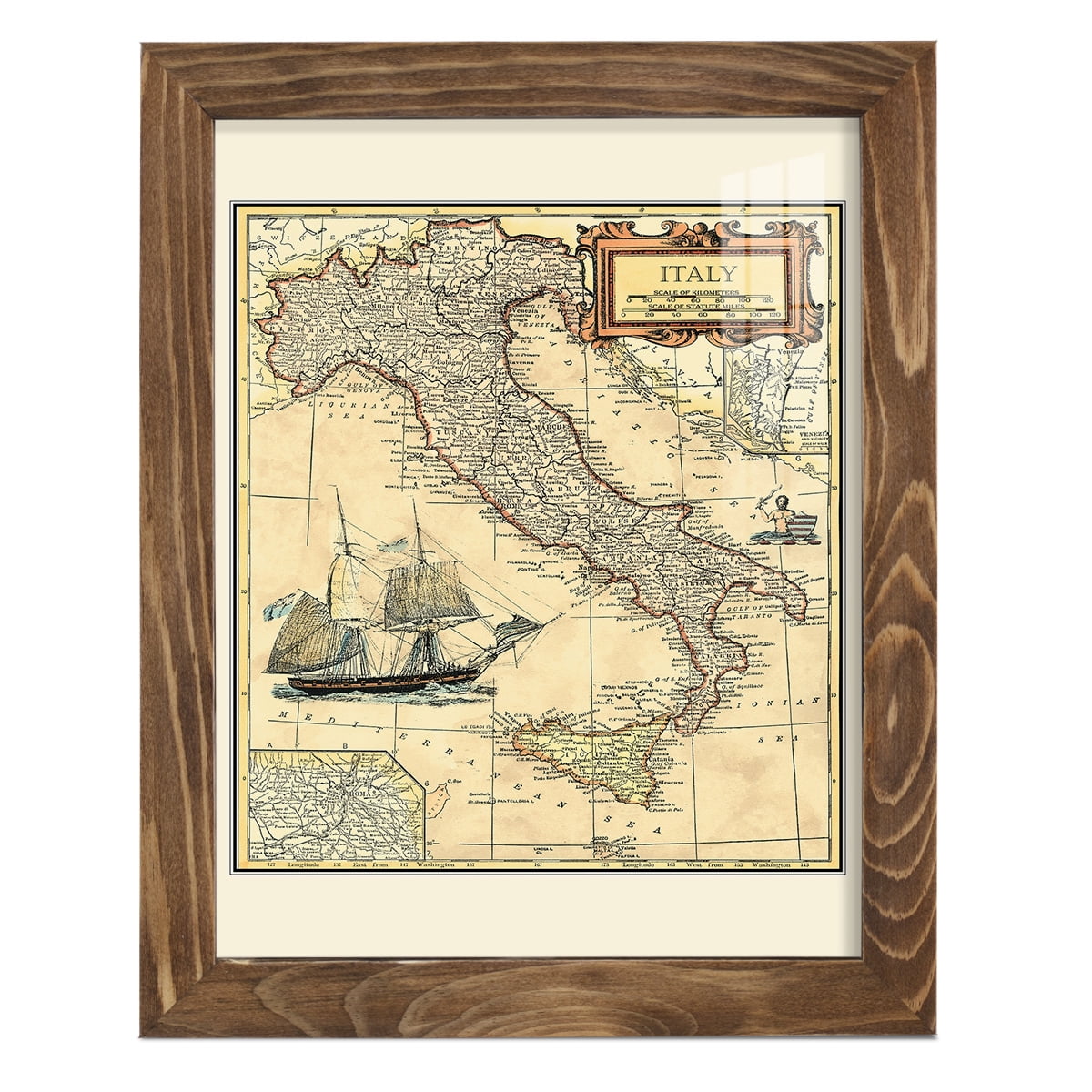 Italy Map -Framed Print w/glass-Walnut