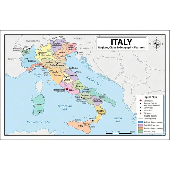 Italy Map Poster 11x17 | Laminated Double-Sided Geography Chart with Color Map Front & Blank Outline Back | Reusable Classroom & Homeschool Learning Tool
