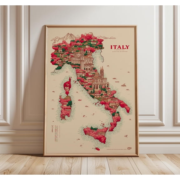 Italy Map Poster Travel Illustration Wall Art Italian Architecture Map Print 1