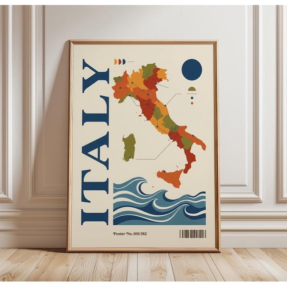 Italy Map Poster Travel Wall Art Print Mediterranean Coast Illustration Retro Country Map