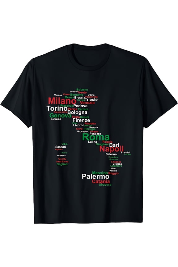 Italy Map Silhouette Flag Towns Cities Rome Travel Europe T-Shirt | Casual Crew Neck, Slight Stretch Fabric, Print Pattern, Perfect for Adult and Teen