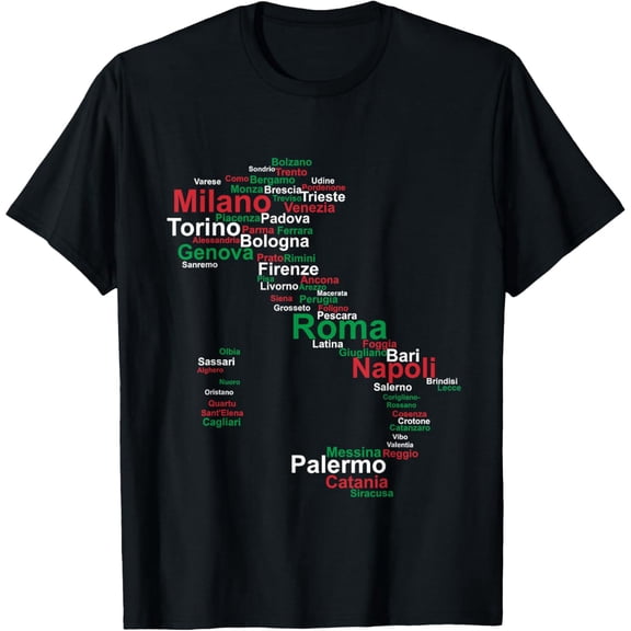Italy Map Silhouette Flag Towns Cities Rome Travel Europe T-ShirtMen and women, Black T-shirt, size: Extra large