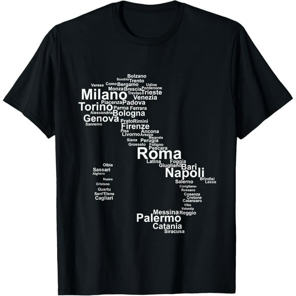 Italy Map Silhouette Towns Cities Rome Milan Travel Europe T-ShirtMen and women, Black T-shirt, size: Extra large