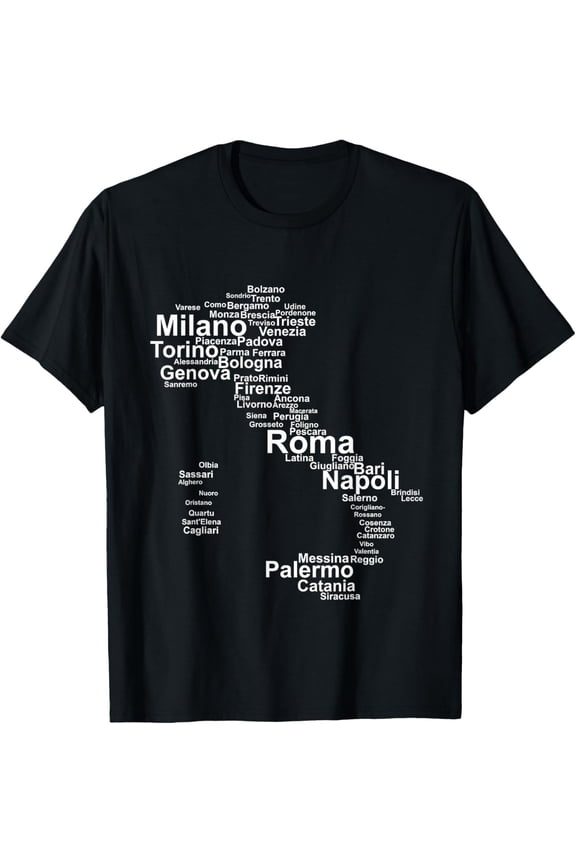 Italy Map Silhouette Towns Cities Rome Milan Travel Europe T-ShirtMen and women, Black T-shirt, size: Extra large