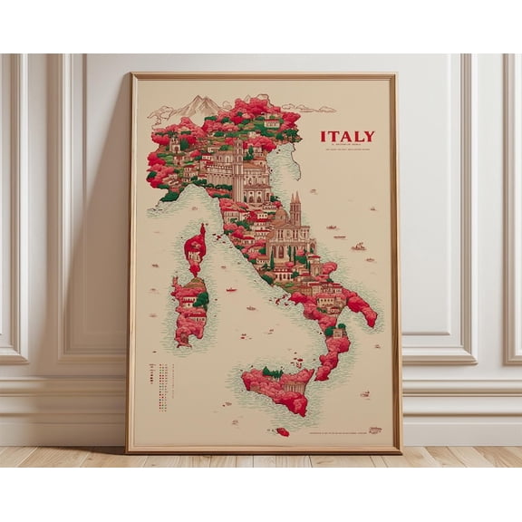 Italy Map Vintage Travel Illustration Wall Art Print, Unframed Paper Poster 8x10in