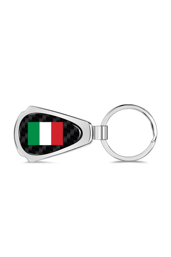 Italy National Flag Real Black Carbon Fiber Chrome Metal Teardrop Key Chain