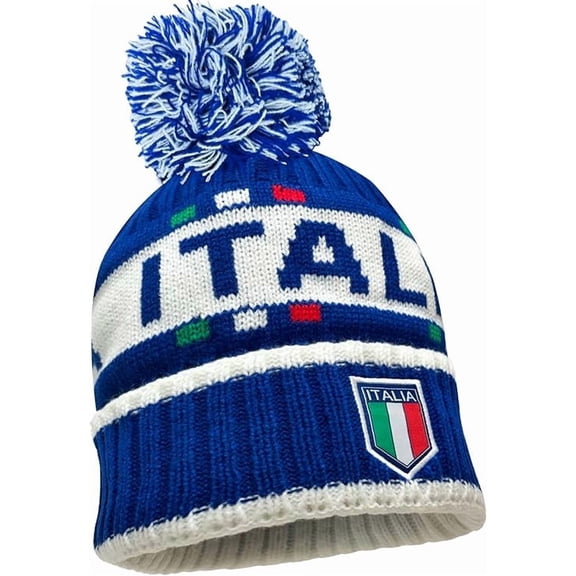 Just 4 Kicks Adult Italy Fan Pom Pom Beanie, Blue/White Acrylic OSFM
