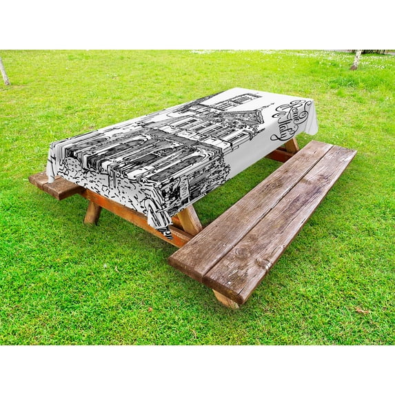 Italy Outdoor Tablecloth, Vintage Famous Cityscape of Rome Illustration Hand Drawing Sketch Pattern Print, Decorative Washable Fabric Picnic Tablecloth, 58 X 120 Inches, Black and White, by Ambesonne