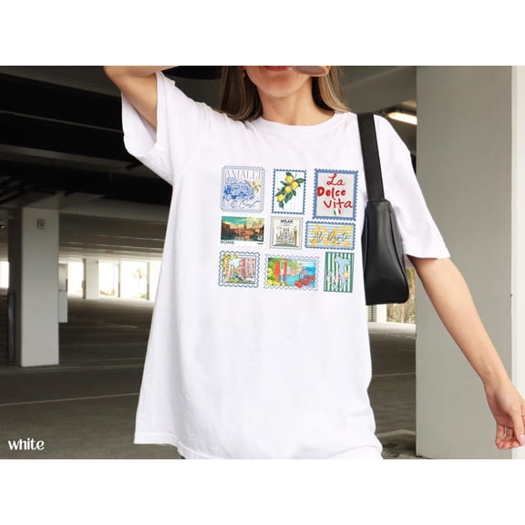 Italy Postage Stamp Graphic Tee La Dolce Vita Italian Travel Summer Collage Amalfi Coast Vacation Design Comfort Colors Unisex Cotton T-Shirt, Sizes S-3XL