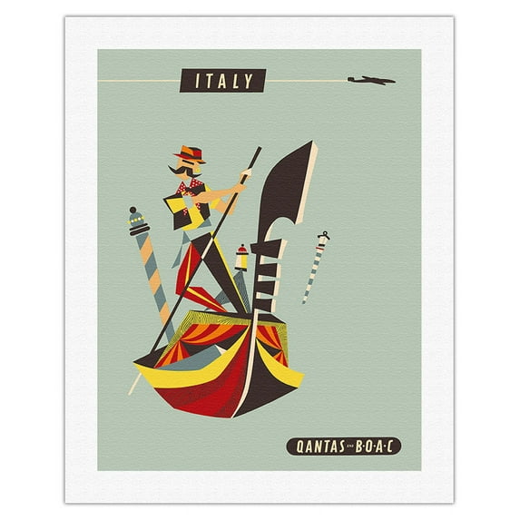 Italy - Qantas and BOAC Airlines - Venice - Gondola - Vintage Airline Travel Poster by Harry Rogers c.1950s - Fine Art Rolled Canvas Print 20in x 26in