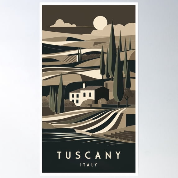 Italy - Retro Tuscany Travel Poster - Minimalistic Vintage Landscape With Cypresses And Sunset In Bauhaus Style Poster Wall Art, Modern Wall Decor For Living Room Bedroom, 8x12 UNFRAMED