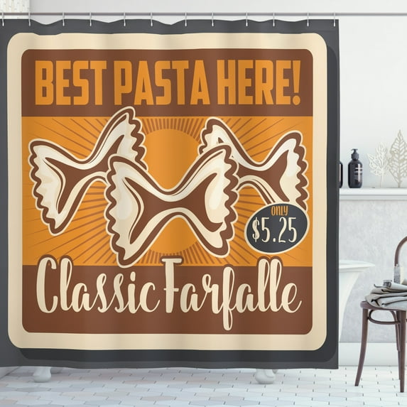 Italy Shower Curtain, Farfalle Type of Italian Style Pasta Sketch on Poster Advertisement, Fabric Bathroom Set with Hooks, 69W X 70L Inches, Charcoal Grey and Multicolor, by Ambesonne