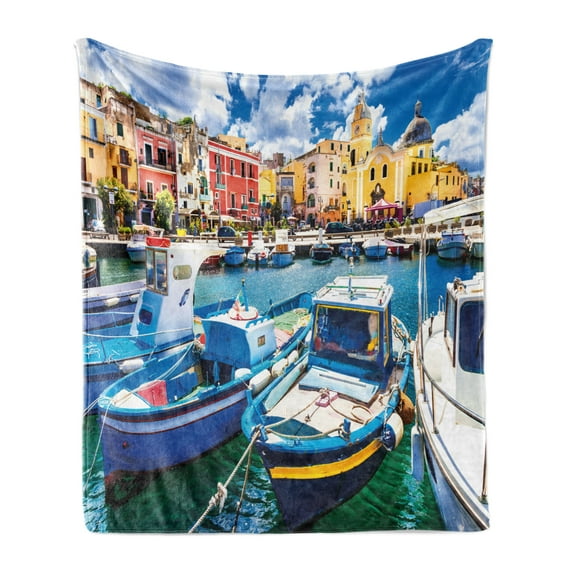 Italy Soft Flannel Fleece Blanket, Colorful Procida Island with Fishing Boats Summertime Tourism Vacation Travel Theme, Cozy Plush for Indoor and Outdoor Use, 50" x 60", Multicolor, by Ambesonne