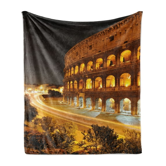 Italy Soft Flannel Fleece Blanket, Colosseum at Night Scenery Rome European City Heritage Monument Landscape, Cozy Plush for Indoor and Outdoor Use, 50" x 70", Amber Marigold Black, by Ambesonne