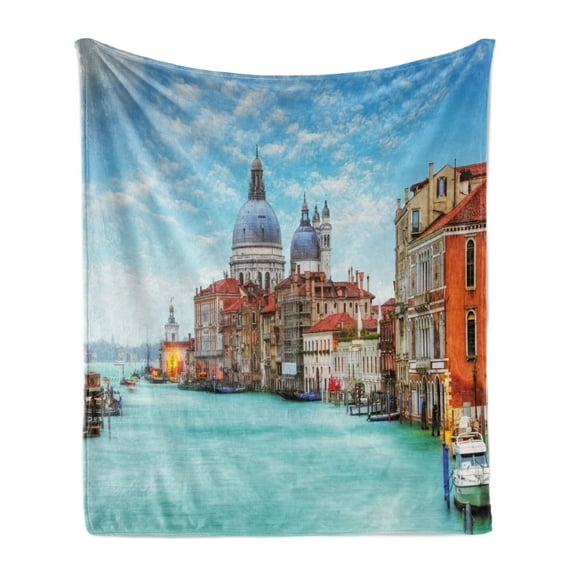 Italy Soft Flannel Fleece Blanket, Image of the Grand Canal in Venice Italy and Historical Architecture Print, Cozy Plush for Indoor and Outdoor Use, 70" x 90", Turquoise Orange Blue, by Ambesonne