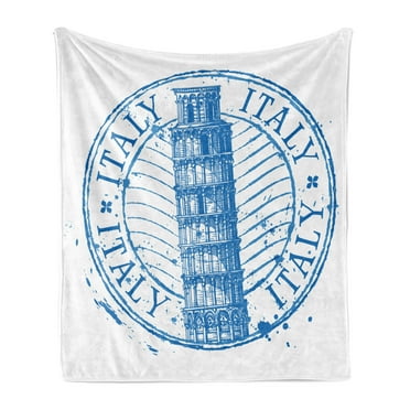Italy Soft Flannel Fleece Blanket, Leaning Tower of Pisa in Italy Historic Landmark Watercolour Illustration, Cozy Plush for Indoor and Outdoor Use, 50" x 60", Azure Blue and White, by Ambesonne