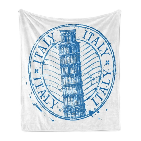 Italy Soft Flannel Fleece Blanket, Leaning Tower of Pisa in Italy Historic Landmark Watercolour Illustration, Cozy Plush for Indoor and Outdoor Use, 50" x 70", Azure Blue and White, by Ambesonne