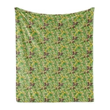 Italy Soft Flannel Fleece Blanket, Mediterranean Olive Branches with Leaves Designed in Shades of Green, Cozy Plush for Indoor and Outdoor Use, 70" x 90", Pale Camel and Multicolor, by Ambesonne