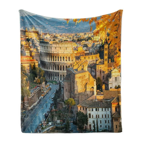Italy Soft Flannel Fleece Throw Blanket, Colosseum in Rome Amphitheater Historical Architecture Evening, Cozy Plush for Indoor and Outdoor Use, 50" x 70", Marigold Ivory Pale Blue, by Ambesonne