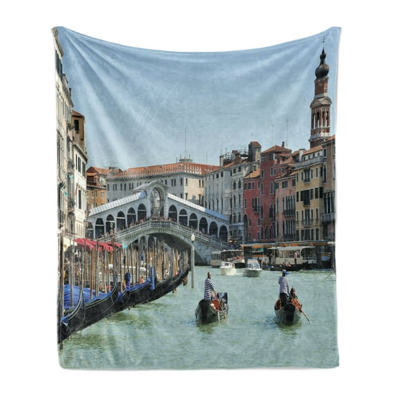 Italy Soft Flannel Fleece Throw Blanket, Famous Landscape of Venice Gondolas and Architecture Europe Tourism Canal Photo, Cozy Plush for Indoor and Outdoor Use, 70" x 90", Multicolor, by Ambesonne