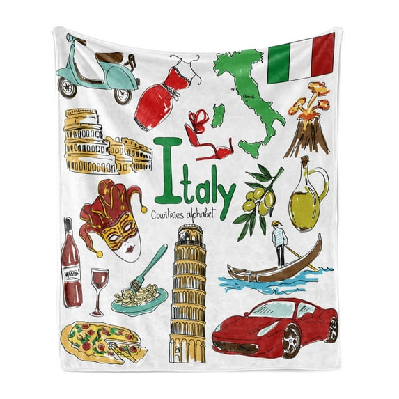 Italy Soft Flannel Fleece Throw Blanket, Fun Colorful Sketch Artwork Italy Countries Alphabet Landmarks Food Culture, Cozy Plush for Indoor and Outdoor Use, 70" x 90", Multicolor, by Ambesonne