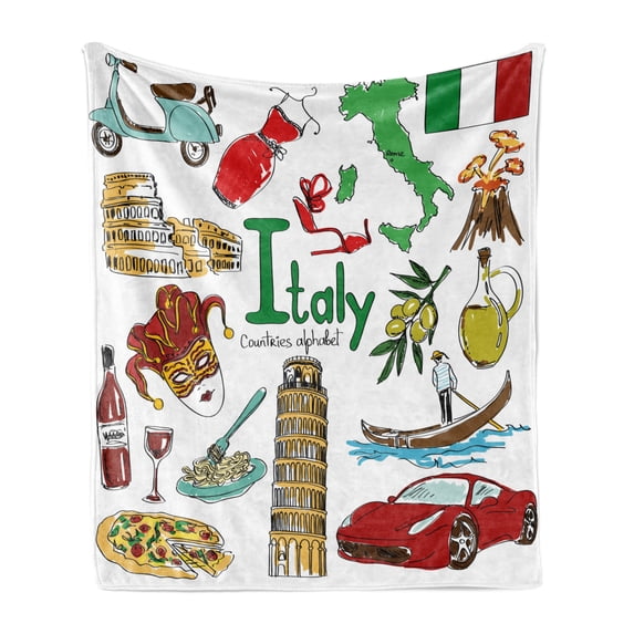 Italy Soft Flannel Fleece Throw Blanket, Fun Colorful Sketch Artwork Italy Countries Alphabet Landmarks Food Culture, Cozy Plush for Indoor and Outdoor Use, 50" x 60", Multicolor, by Ambesonne