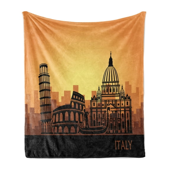 Italy Soft Flannel Fleece Throw Blanket, Italian Monumental Silhouettes, Cozy Plush for Indoor and Outdoor Use, 60" x 80", Charcoal Grey Orange, by Ambesonne