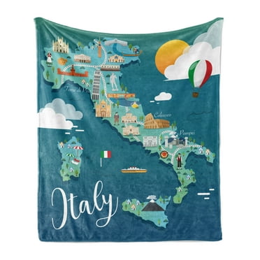 Italy Soft Flannel Fleece Throw Blanket, Map with Touristic Attractions and Cursive Calligraphy, Cozy Plush for Indoor and Outdoor Use, 70" x 90", Multicolor, by Ambesonne