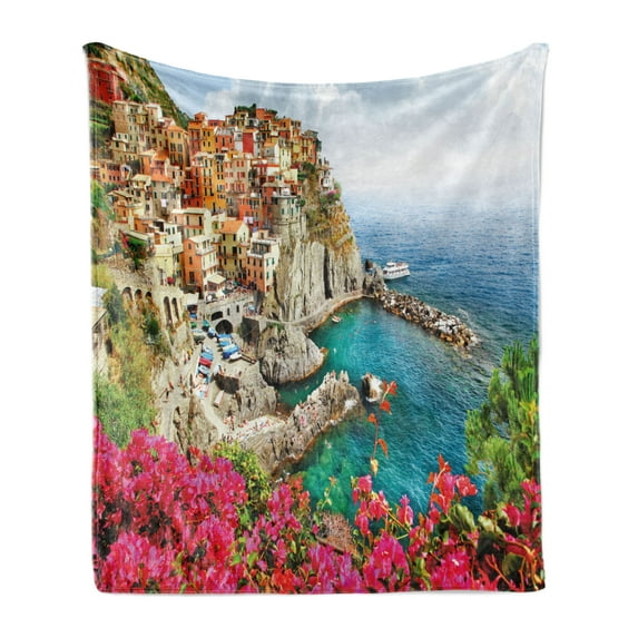 Italy Soft Flannel Fleece Throw Blanket, Monarola Antique Village in Cinque Terre Coastal Panorama Summer Beach Scenic View, Cozy Plush for Indoor and Outdoor Use, 70" x 90", Multicolor, by Ambesonne
