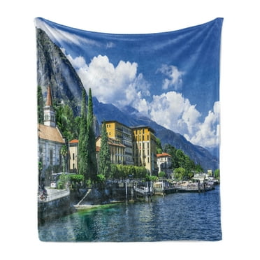 Italy Soft Flannel Fleece Throw Blanket, Panoramic Landscape of Lake Como Mountains and Clouds Digital Image Print, Cozy Plush for Indoor and Outdoor Use, 60" x 80", Blue and Green, by Ambesonne