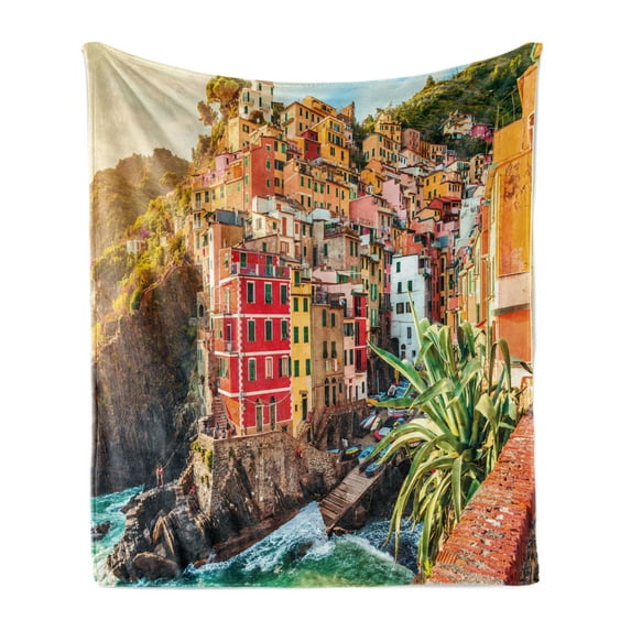 Italy Soft Flannel Fleece Throw Blanket, Riomaggiore at Sunset Cinque Terre National Park Cliff and Coast Scenic Panorama, Cozy Plush for Indoor and Outdoor Use, 60" x 80", Multicolor, by Ambesonne