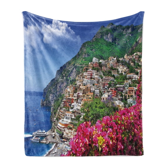 Italy Soft Flannel Fleece Throw Blanket, Scenic View of Positano Amalfi Naples Blooming Flowers Coastal Village Image, Cozy Plush for Indoor and Outdoor Use, 50" x 60", Pink Green Blue, by Ambesonne