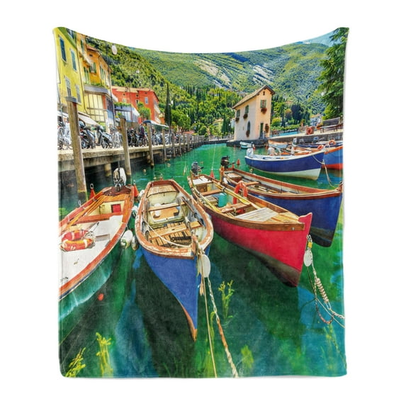 Italy Soft Flannel Fleece Throw Blanket, Summer Landscape and Wooden Boats on the Lake Garda Torbole Town Fishing Maritime, Cozy Plush for Indoor and Outdoor Use, 50" x 70", Multicolor, by Ambesonne