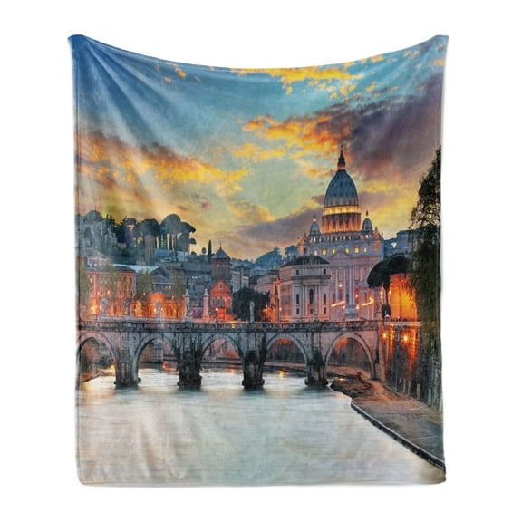 Italy Soft Flannel Fleece Throw Blanket, Vatican Rome View in the Evening Landmark Travel Italian Destination Image Print, Cozy Plush for Indoor and Outdoor Use, 50" x 70", Multicolor, by Ambesonne