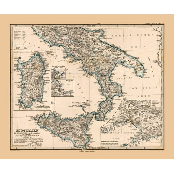 Historic Map - Italy Southern - Stieler 1885 - 27.58 x 23 - Vintage Wall Art