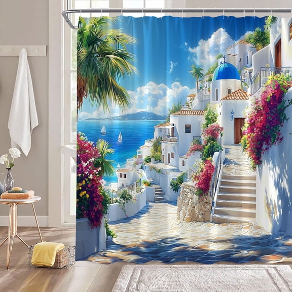 Italy Street Shower Curtain Mediterranean Sea Lake Tuscan Town Street Floral Blue Ocean Boats Landscape Fabric Curtain with Hooks for Bathroom Decor 72"W x 72"L (Pack of 1)