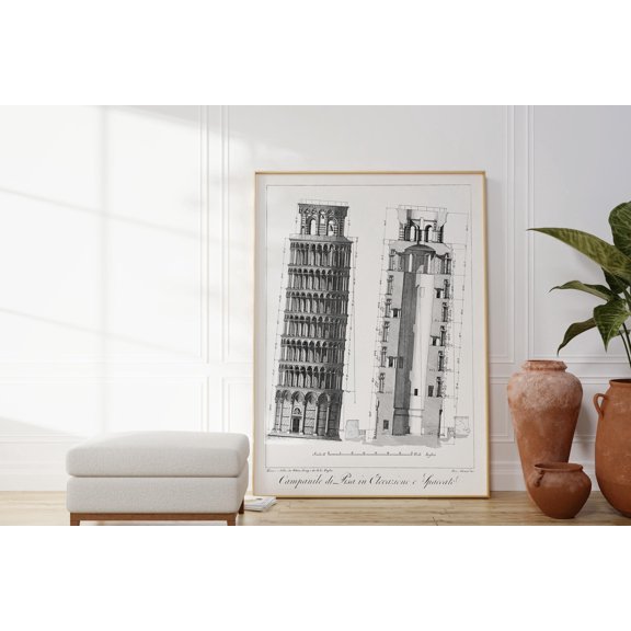 Italy The Leaning Tower Of Pisa Blueprint Tower Of Pisa Schematics Lovers Art Poster , Poster Print Only