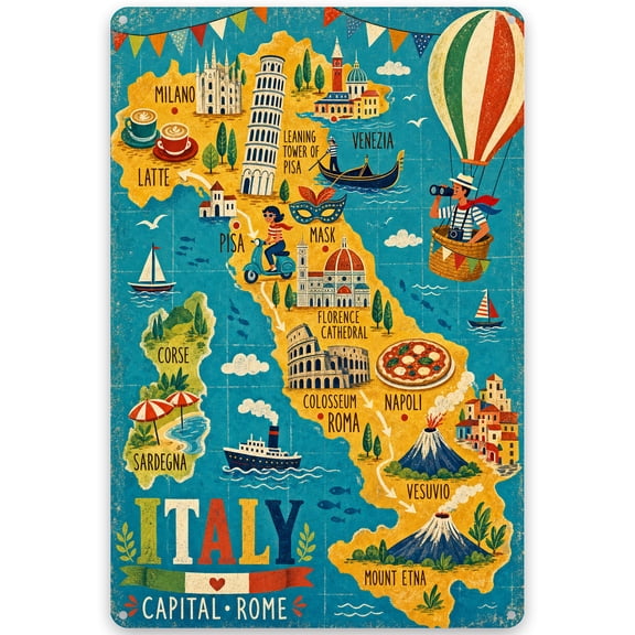 Italy Themed Metal Wall Decor Sign, 8x12 Inch Rustic Vintage Style Map Illustration with Landmarks like Leaning Tower of Pisa, Colosseum Rome, Venice Gondola Easy Hanging Home Decor
