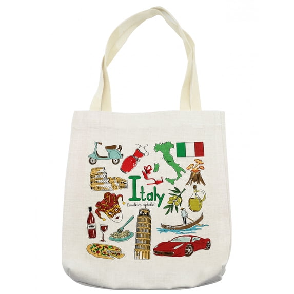Italy Tote Bag, Fun Colorful Sketch Artwork Italy Countries Alphabet Landmarks Food Culture, Cloth Linen Reusable Bag for Shopping Books Beach and More, 16.5" X 14", Cream, by Ambesonne