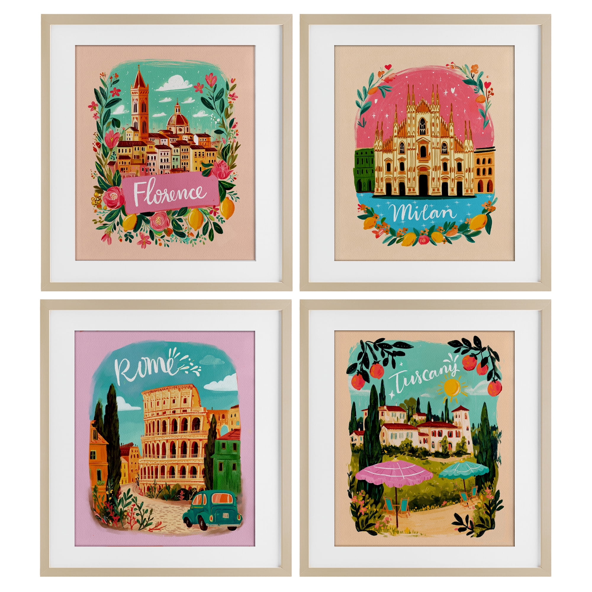 Italy Travel Locations with Florals 4 Piece Birch Framed Print Under Glass Set, design by Yen