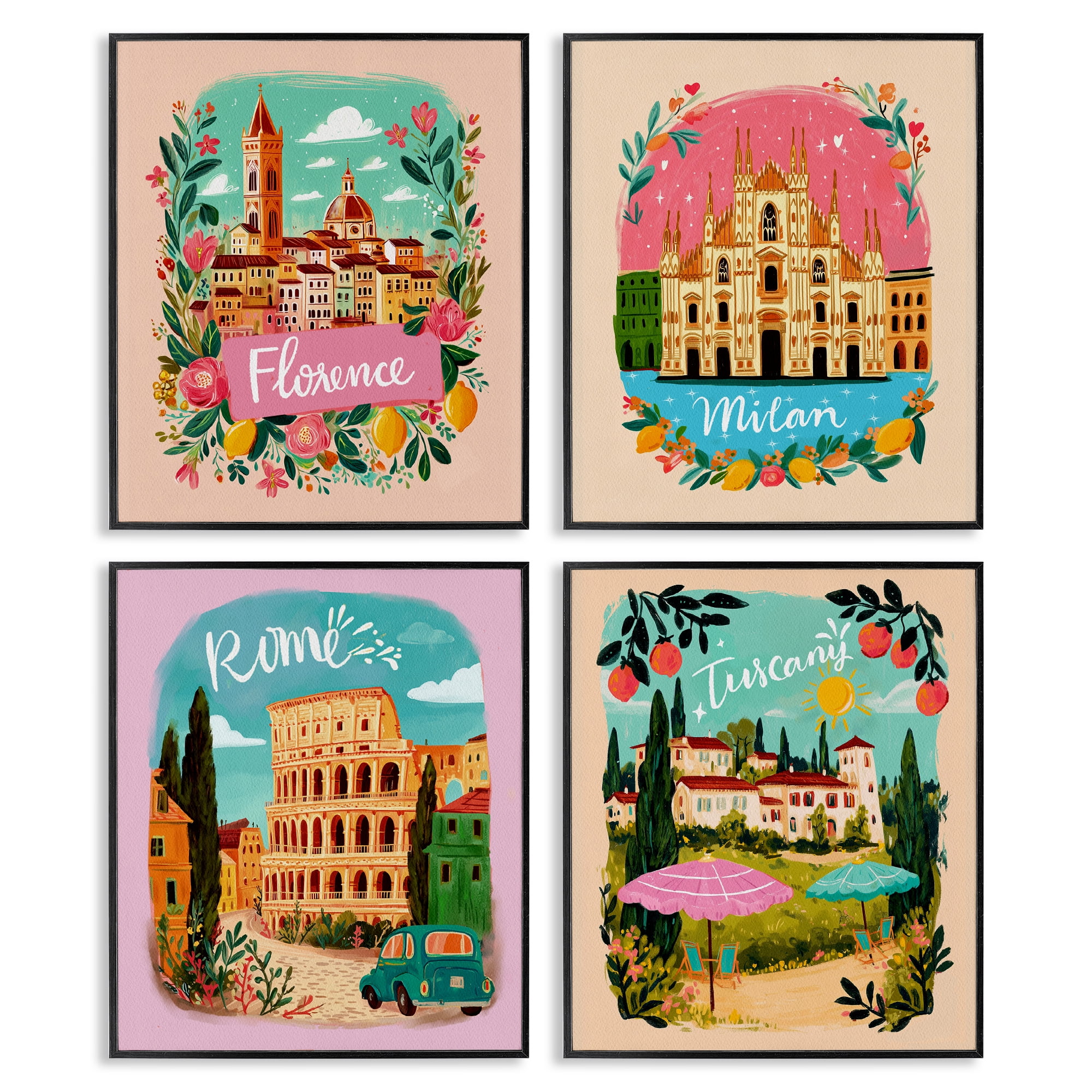 Italy Travel Locations with Florals 4 Piece Black Framed Giclee Art Set, design by Yen