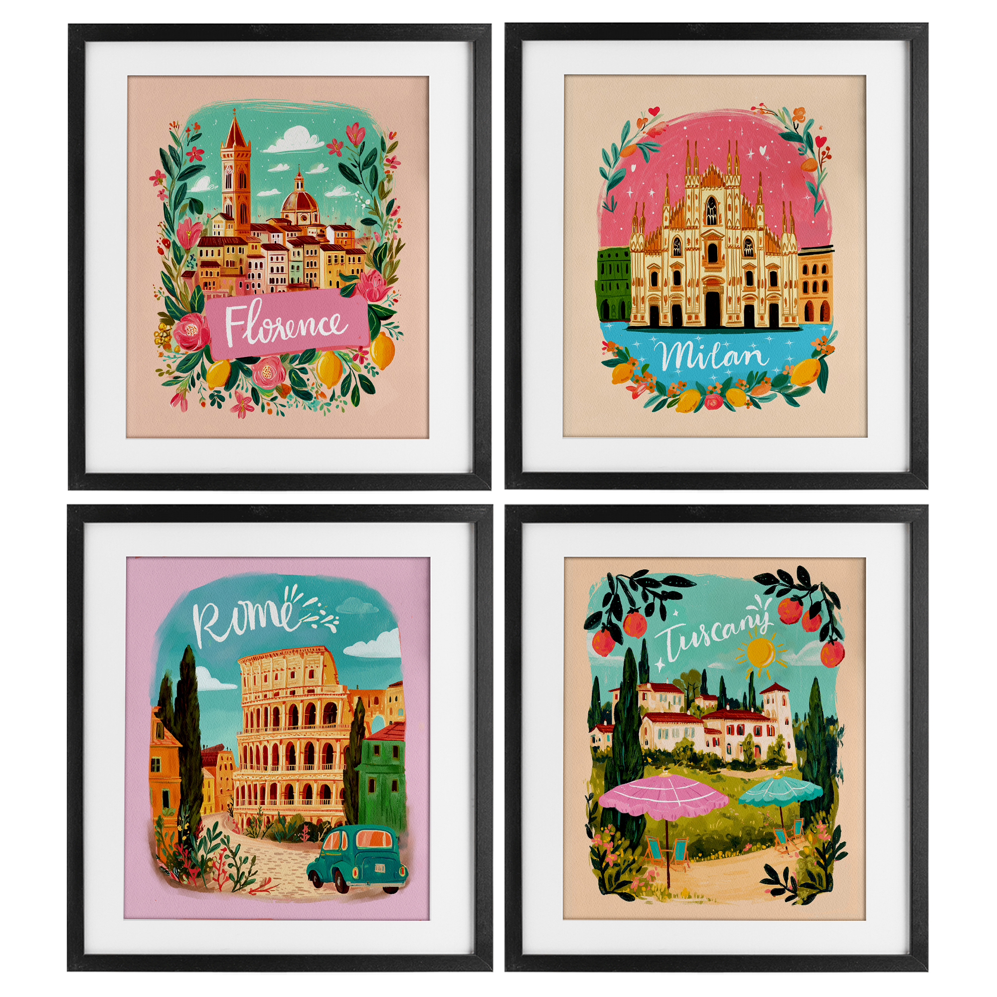 Italy Travel Locations with Florals 4 Piece Black Framed Print Under Glass Set, design by Yen