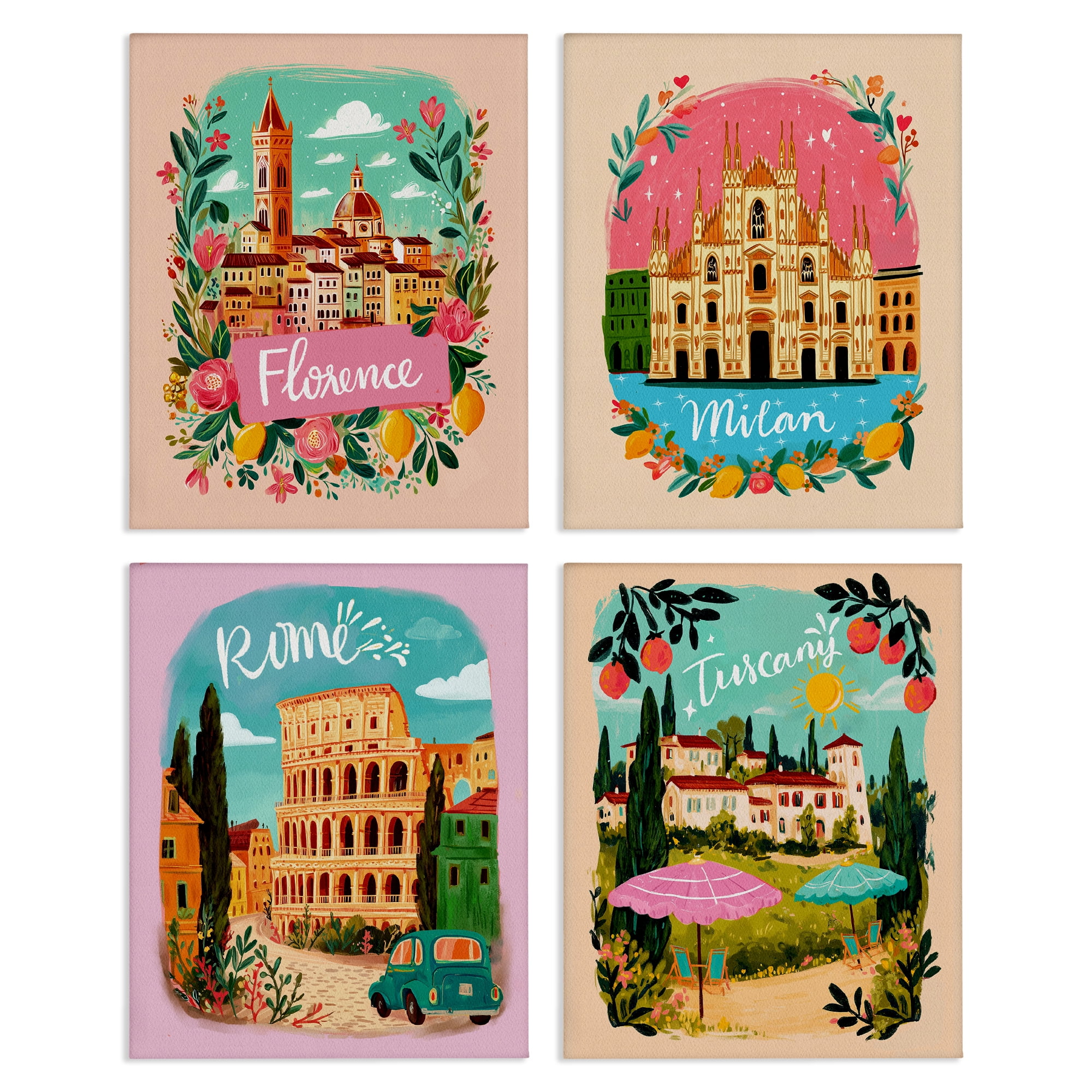 Italy Travel Locations with Florals 4 Piece Canvas Wall Art Set, design by Yen