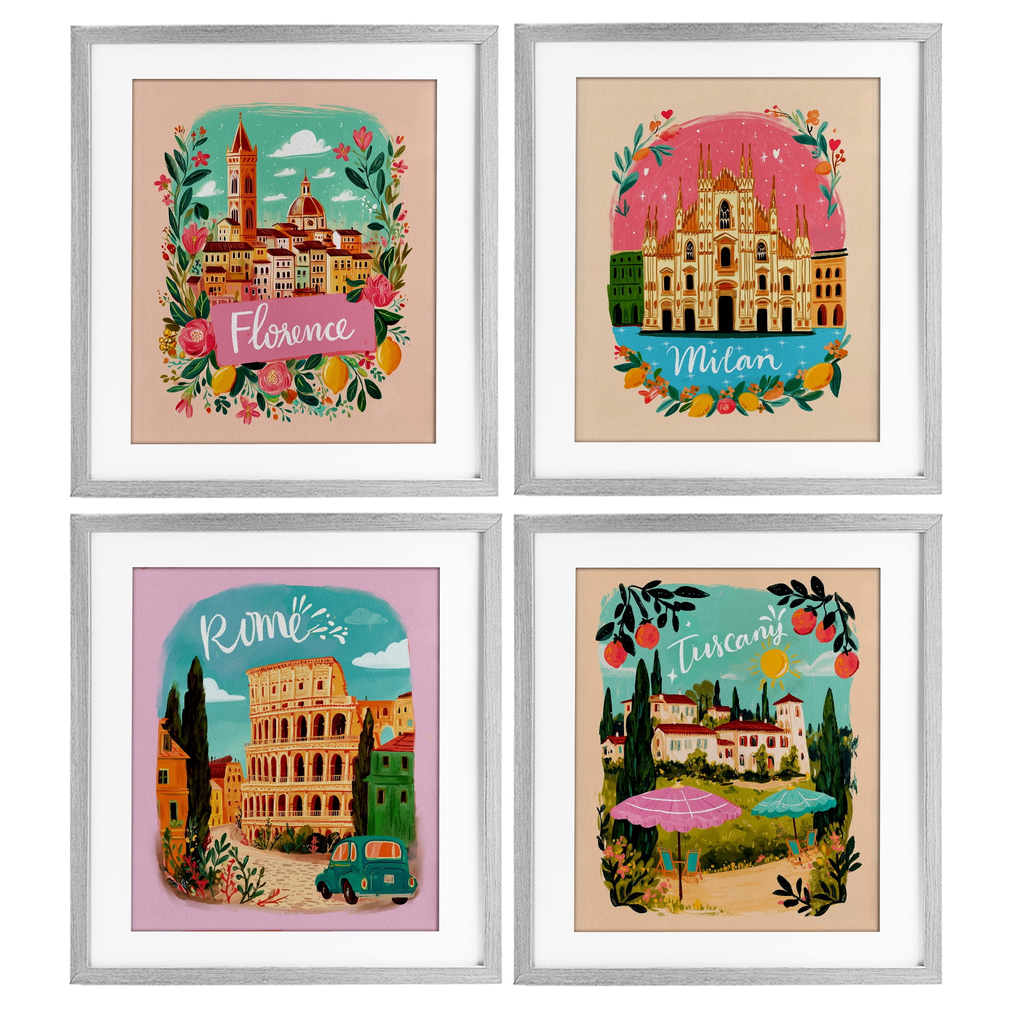 Italy Travel Locations with Florals 4 Piece Gray Framed Print Under Glass Set, design by Yen