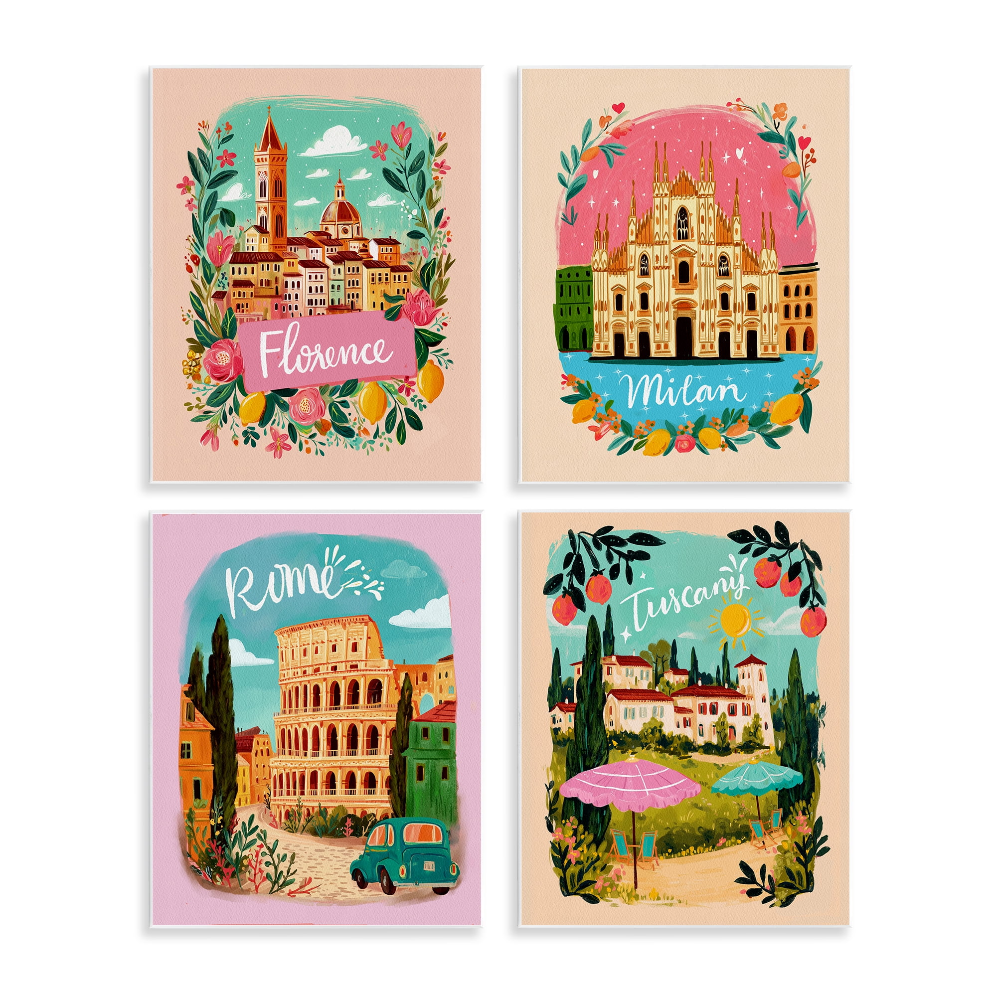Italy Travel Locations with Florals 4 Piece Wall Plaque Art Set, design by Yen