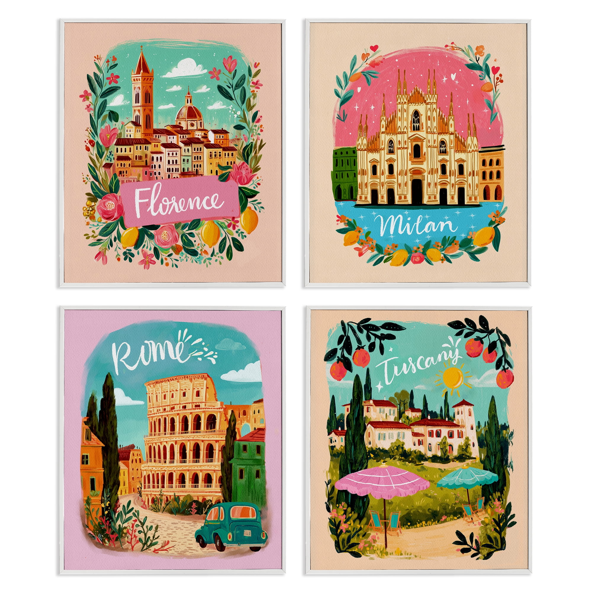 Italy Travel Locations with Florals 4 Piece White Framed Giclee Art Set, design by Yen