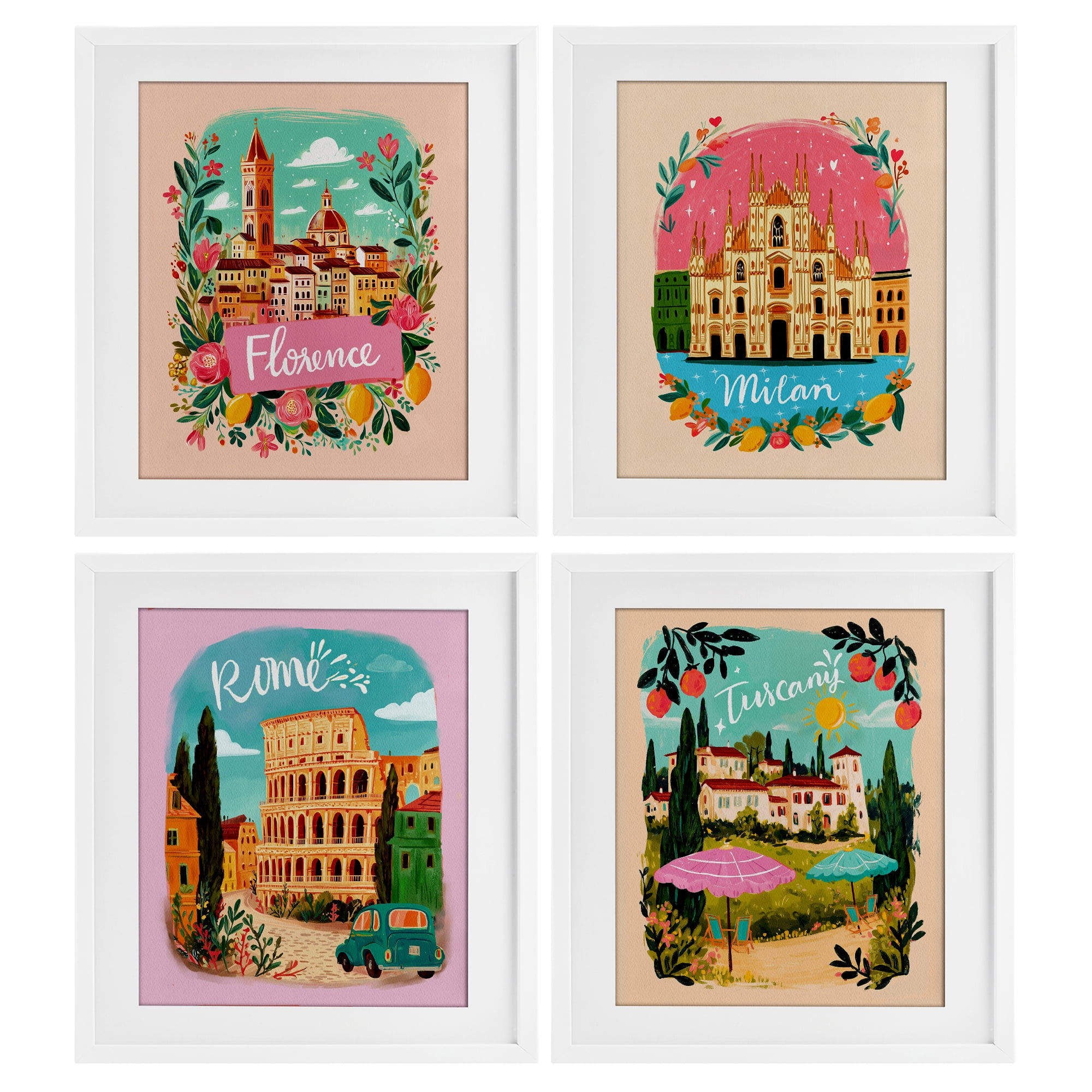 Italy Travel Locations with Florals 4 Piece White Framed Print Under Glass Set, design by Yen
