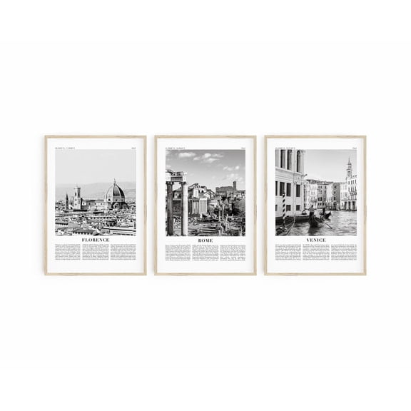 Italy Travel Poster Set Black and White Rome Florence Venice City Art Set 3 Unframed Paper Print 8x12