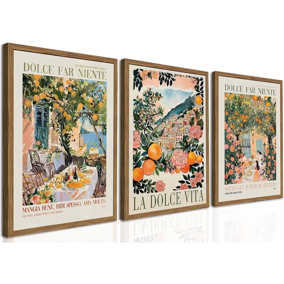 Italy Travel Wall Art Set of 3, Amalfi Coast Wall Decor, Trendy Italian Food Kitchen Poster Canvas Prints, Vintage City Landscape Artwork for Dining Room Living Room 12x16 inch Wood Framed