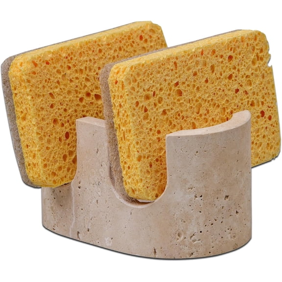 Italy Travertine 2-Slot Sponge Holder for Kitchen Sink, 2-in-1 Drying Rack | Compatible with Scrub Daddy, Sponge Caddy for Sink Organizer, Non-Slip Base, Marble Stone Elegant Kitchen Decor